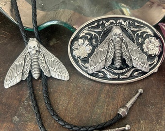 Bolo Tie & Buckle Set - Matching Dead Head Moth - Metal Insect Death Goth Punk Jewelry Witch Western Rockabilly Men Bug Butterfly