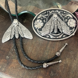 Bolo Tie & Buckle Set - Matching Dead Head Moth - Metal Insect Death Goth Punk Jewelry Witch Western Rockabilly Men Bug Butterfly