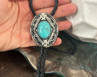 Oval bolo tie - Turquoise Stone Western Style Men's Necktie Bola Black Cord Silver Tips Engraved Leather Gift Mans