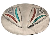 Rare Beautiful Vintage Arrowhead Belt Buckle - Turquoise and Coral Inlay - Native American - Indian - Art - Stone - Gifts for Men - Navajo