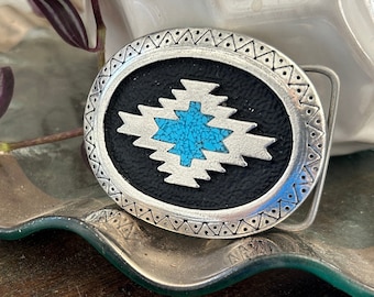 Handmade Turquoise Inlay Belt Buckle - Oval Western Southwestern Style Chevron Design Engraved Country Inlaid Handcrafted Mens Gift Idea