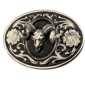 Bighorn Ram Skull Belt Buckle - Horn Goat Sheep Animal Skeleton Western Style Silver Portrait Custom Cabochon Cameo Silver Black Engraved