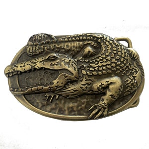 Crocodile Belt Buckle - Alligator Animal - Skin Scales Scary Head Face Cosplay T-Rex Jurassic Park Large Florida Swamp Brass Gold