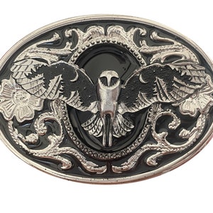 Black Owl Belt Buckle - Moon Stars Dark Centerpiece Barn Wings Face Hoot Western Style Silver Portrait Custom Animal Cute Goth Screech