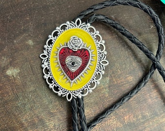Sacred Heart Rose Bolo Tie - Crown Mexican Art - Western style gifts for her leather Turquoise accessories Anatomical gothic Anatomical Red