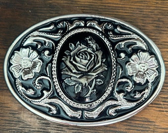 Black Rose Cameo Belt Buckle - Portrait Gold Flower Western Cowgirl Wild West Bouquet Horse Show Gift Costume Goth Cabochon Black Floral