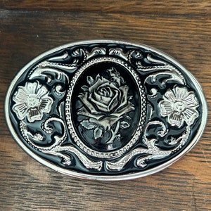 Black Rose Cameo Belt Buckle - Portrait Gold Flower Western Cowgirl Wild West Bouquet Horse Show Gift Costume Goth Cabochon Black Floral