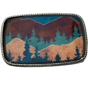 Vintage Mountain Landscape Belt Buckle - Pine Tree Forest Rocky Mountain Yosemite Brown Green California Yellowstone Turquoise Sky Brass