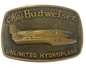 Vintage Miss Budweiser Hydroplane Belt Buckle - 1970s Collectors Item - Bottle Label Drinking Alcohol Beer Lover Light - Can - Columbia Cup