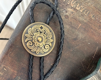 Brass Concho Bolo Tie - Gifts for Him Lariat Leather Cowboy Necktie Accessories Mens Necklace Leather Cord Man Attire Gold Round Bola Flower