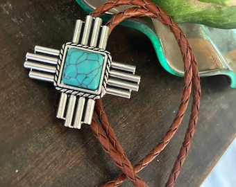 Southwestern Turquoise Cross Bolo Tie - Gifts for Him Cabochon Indian Leather Cowboy Necktie Accessories Mens Necklace - Leather Cord Woven
