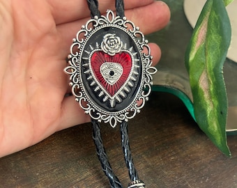 Sacred Heart Rose Bolo Tie - Crown Mexican Art - Western style gifts for her leather necktie accessories tattoo flower gothic Anatomical Red