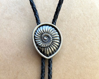 Silver Fossil Ammonite Bolo Tie - Handmade Unique Leather Lariat Neck Tie with Cord Tone Tips Southwest Mens Shell Snail Cool Necklace Bola