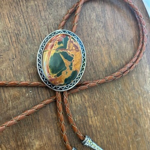 Natural Picasso Jasper Bolo Tie - Gemstone Necktie Lariat Cabochon Genuine Stone Brown Leather Woven Cord Bola Mens Western Style necklace