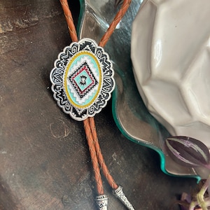 Southwestern Turquoise Bolo Tie - Gifts for Him Cabochon Indian Leather Cowboy Necktie Accessories Mens Necklace - Leather Bola Cord Woven