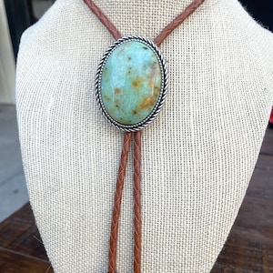 Flecked agate bolo tie - Green Teal Brown Cabochon Western Mens Cord Woven Necktie Necklace Bola Cowboy Style Wedding party