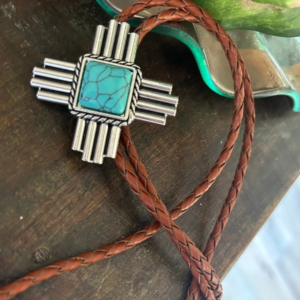 Southwestern Turquoise Cross Bolo Tie - Gifts for Him Cabochon Indian Leather Cowboy Necktie Accessories Mens Necklace - Leather Cord Woven