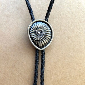 Silver Fossil Ammonite Bolo Tie - Handmade Unique Leather Lariat Neck Tie with Cord Tone Tips Southwest Mens Shell Snail Cool Necklace Bola