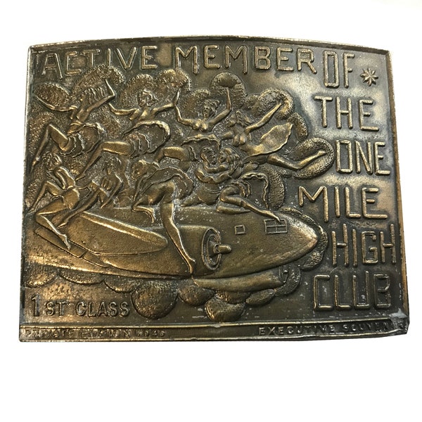 Vintage Rare 1977 Mile High Club Belt Buckle - Funny Sex Sexy Nude Women Ladies - Solid Brass Art - Airplane -