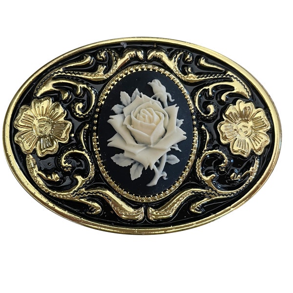 Rose Cameo Belt Buckle - Portrait Gold Flower Western Cowgirl Wild West Bouquet Horse Show Gift Costume Goth Cabochon Black Floral