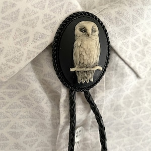 Owl Bolo Tie - Western Gifts for Him - Leather Cowboy Necktie Accessories Mens Necklace Hipster Black Barn Wing Face Bird Hoot Goth Dark