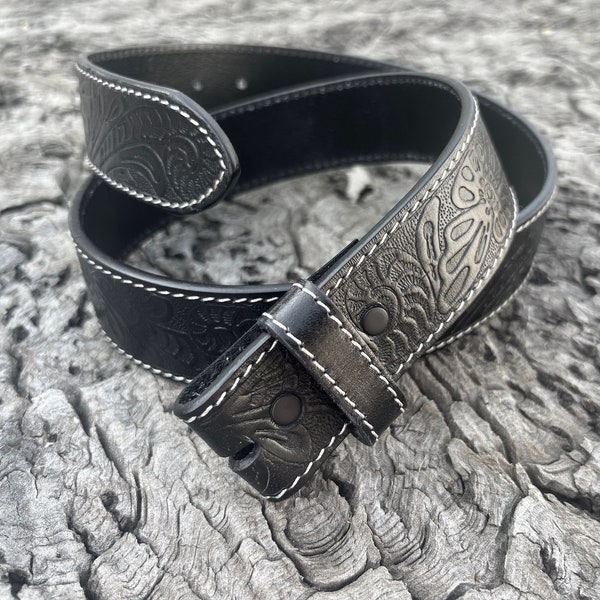 Black Tooled Leather Snap Belt Strap - 100% Full Grain Western Style - Cow Hide - Removable belt strap - Cool Gifts for Him - Men - Floral