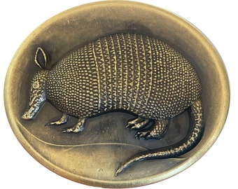 Beautiful Vintage Armadillo Belt Buckle - Engraved Handmade Brass Animal Texas Southwestern Desert Gold Shell South Mens Trophy Womens