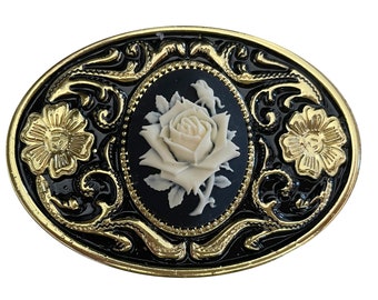 Rose Cameo Belt Buckle - Portrait Gold Flower Western Cowgirl Wild West Bouquet Horse Show Gift Costume Goth Cabochon Black Floral