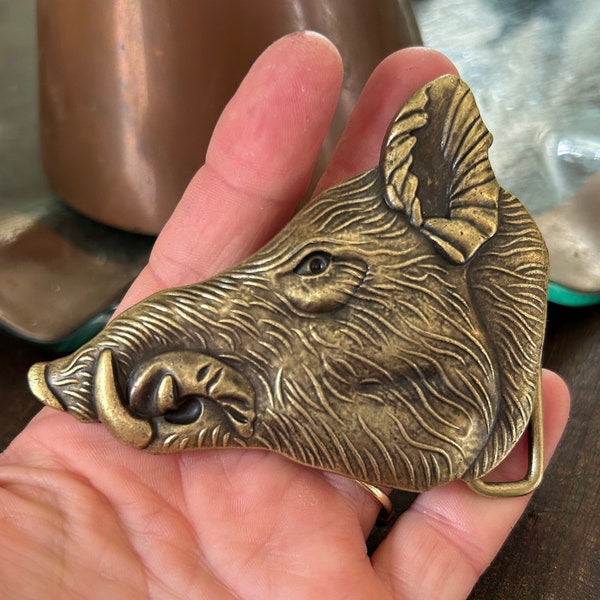 Vintage Large Brass Pig Belt Buckle - Hog Wild Boar Woods Forest Oink Snout Animal Hunting Hunter Razorback Leather Funny Gift idea