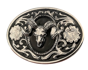 Bighorn Ram Skull Belt Buckle - Horn Goat Sheep Animal Skeleton Western Style Silver Portrait Custom Cabochon Cameo Silver Black Engraved