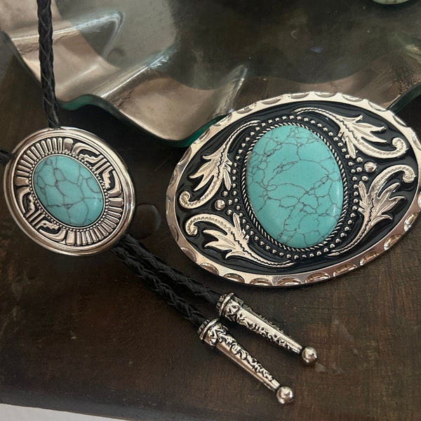 Western Bolo Tie & Buckle Set : Turquoise Stone, Leather Cowboy Necktie