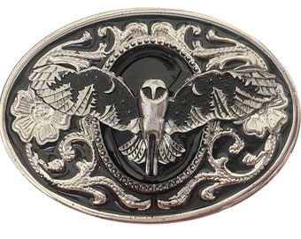 Black Owl Belt Buckle - Moon Stars Dark Centerpiece Barn Wings Face Hoot Western Style Silver Portrait Custom Animal Cute Goth Screech