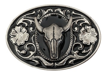 Steer Skull Belt Buckle - Bull Cow Skeleton Head Western Style Silver Portrait Custom Animal Cowboy Cowgirl Flower Floral Black Oval Silver