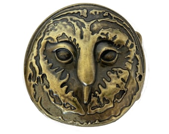 Vintage Owl Head Belt Buckle - Barn Great Horned Snowy Wings Bird Lover - Gift Idea Brass Round Cute Face Beak Womens Mens