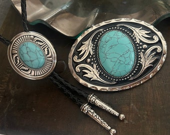 Beautiful Western Bolo Tie and Buckle Set - Matching Genuine Turquoise Stone Gifts for Him Leather Cowboy Necktie Men Large Necklace Wedding
