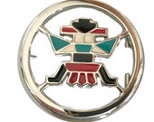 Kachina Doll Dancer Belt Buckle - Turquoise Red - Hopi - Native American Art - Southwestern - Arizona - Headdress - Woman Man Face Clothes