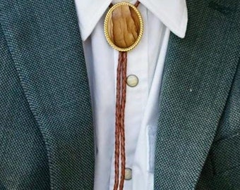Southwestern Jasper Bolo Tie: Gold Tone & Brown Leather Necktie