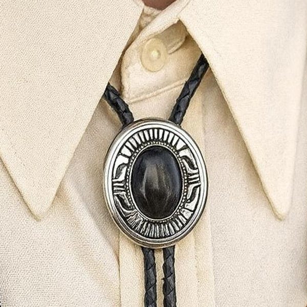 Southwestern Bolo Tie : Black Onyx Stone, Leather Cord Cowboy Necktie