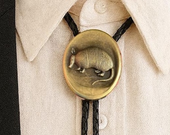 Armadillo Bolo Tie : Western Cowboy Leather Necklace - Handmade