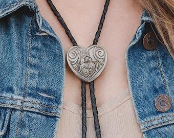 Engraved Silver Heart Bolo Tie: Handmade Leather Western Necktie