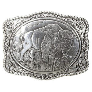 Silver Engraved Buffalo Belt Buckle - Southwestern Head Bull Mans - Yellowstone Horns Head - Bison - Rope Cowboy - Navajo Indian Leather