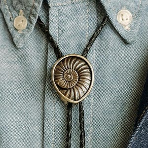 Silver Fossil Ammonite Bolo Tie - Handmade Unique Leather Lariat Neck Tie with Cord Tone Tips Southwest Mens Shell Snail Cool Necklace Bola