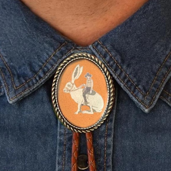 Cowboy Riding Jackrabbit Bolo Tie Handmade Leather Western Necktie