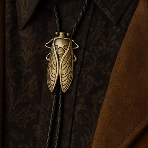 May include: A brown suede jacket with a dark patterned shirt and a bolo tie. The bolo tie features a detailed brass cicada pendant and a braided black leather cord. The jacket has a classic western style with a notched collar and button closure.