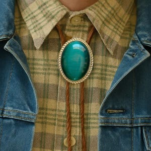 Southwestern Green Stone Bolo Tie - Gifts for Him Western Cowboy Necktie Accessories Mens Necklace Leather Cord Woven Outfit Rodeo Man Bola