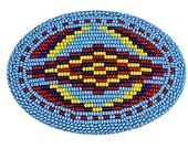 Vtg Handmade Southwestern Beaded Belt Buckle - Western - Rainbow - Navajo - Mexico - Tribal - Navajo - Sunburst Sun - Oval - Blue Red