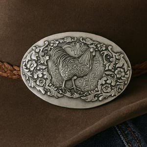 Engraved Stainless Steel Rooster Belt Buckle: Floral Western Style