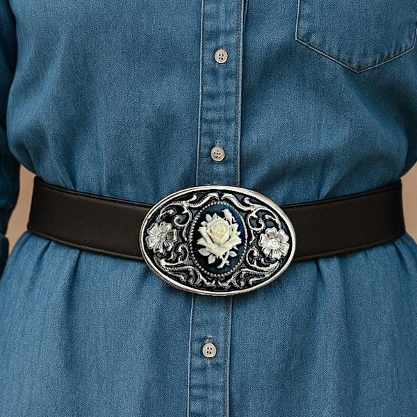 Rose Cameo Belt Buckle: Silver Floral Western Cowgirl Style