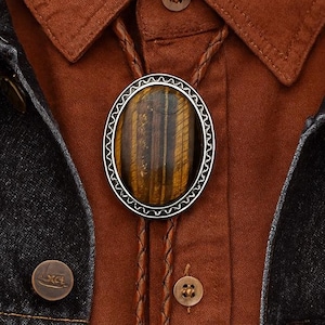 Southwestern Tigers Eye Bolo Tie - Gifts for Him Leather Cowboy Necktie Accessories Mens Necklace Slide Bandana Cord Lariat Wedding Brown