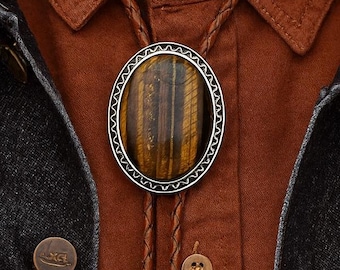 Tigers Eye Bolo Tie : Southwestern Leather Cowboy Necktie